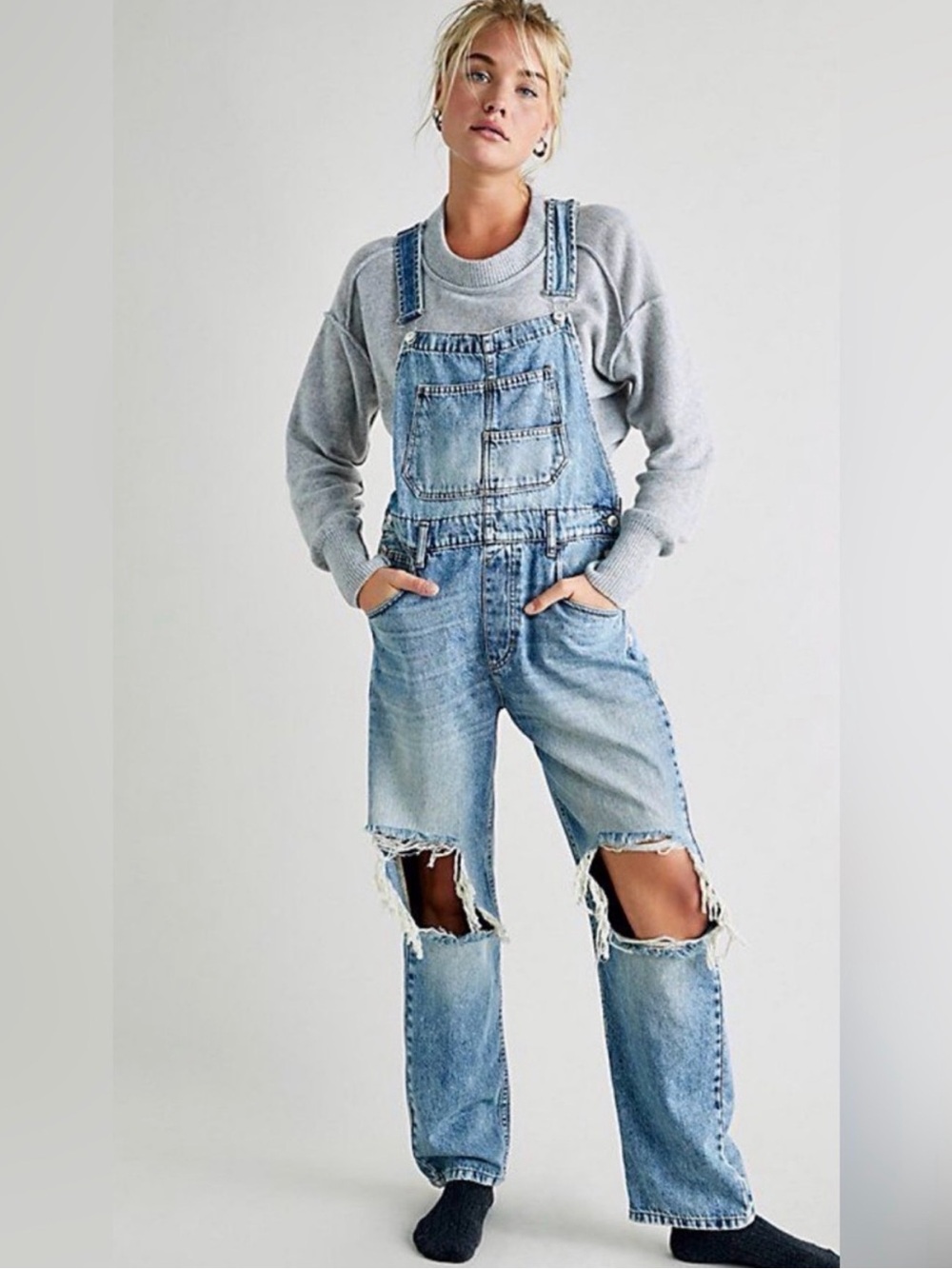 Free People We The Free Ziggy Denim Distressed Overalls Size XS